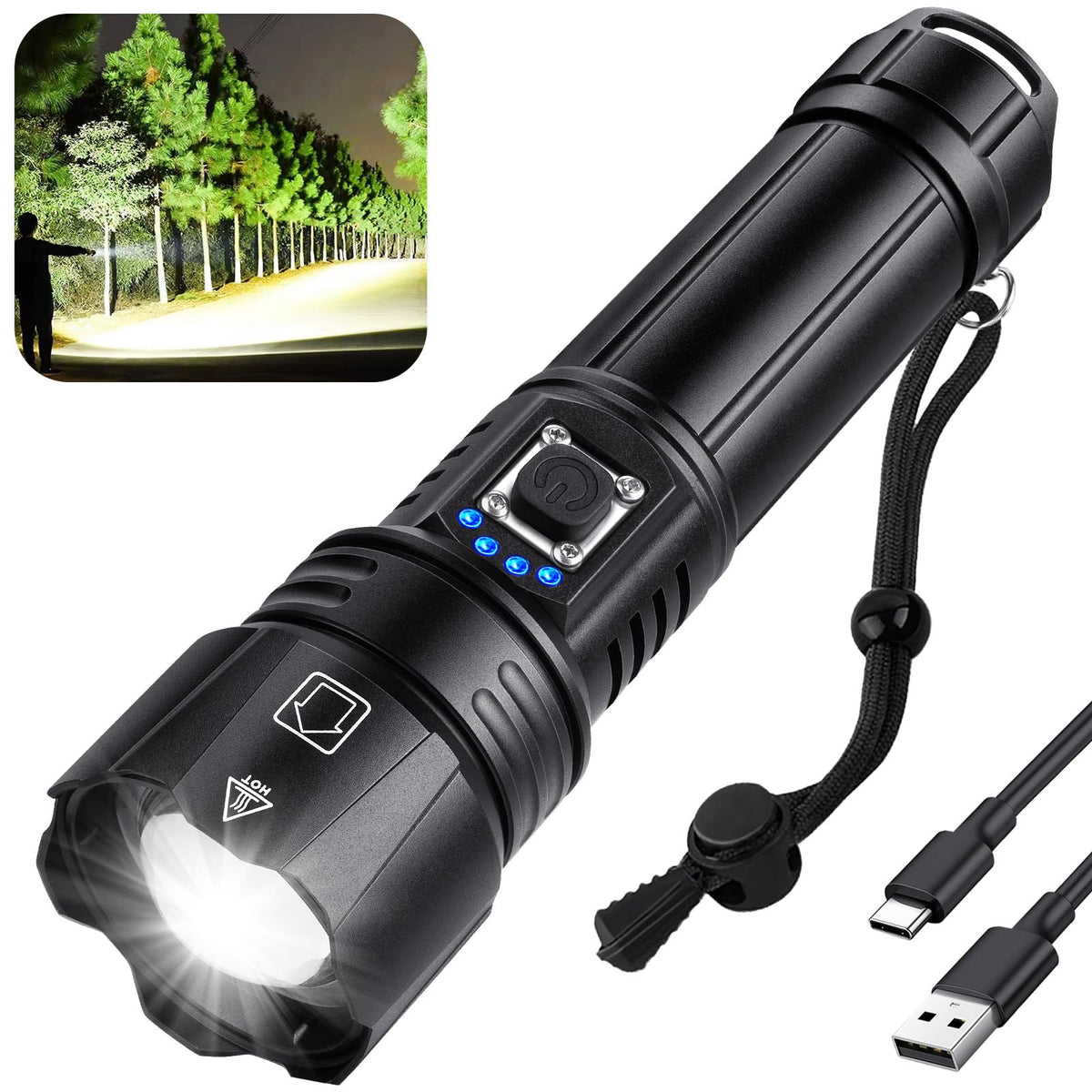 Crazybrace rechargeable flashlight shows a front bright beam for clear outdoor visibility.