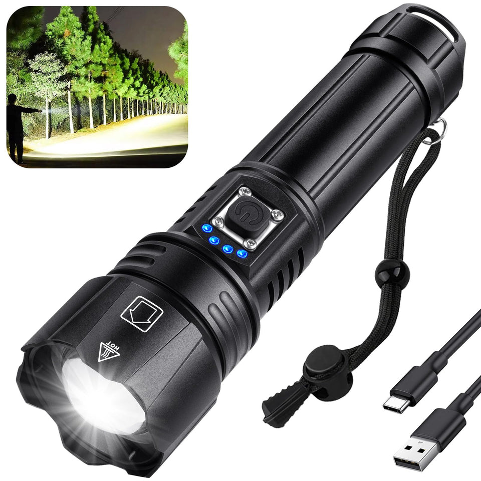 Crazybrace rechargeable flashlight shows a front bright beam for clear outdoor visibility.