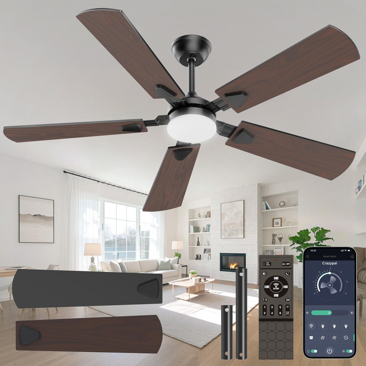 Crazypai 52-inch ceiling fan with lights and remote for comfortable airflow
