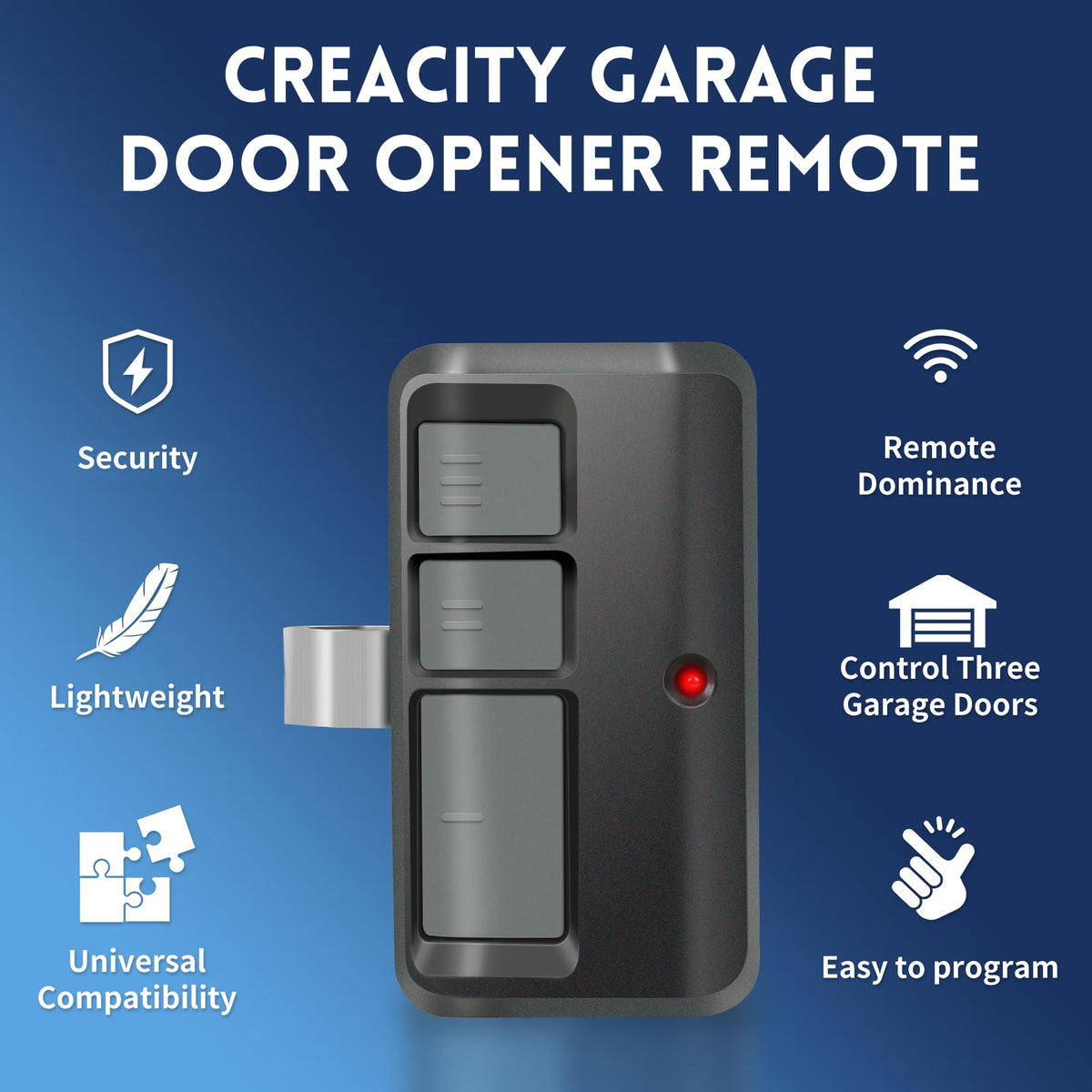 CreaCity remote with three buttons to control up to three openers
