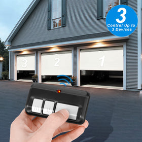 CreaCity remote beside garage opener illustrating long-range operation.