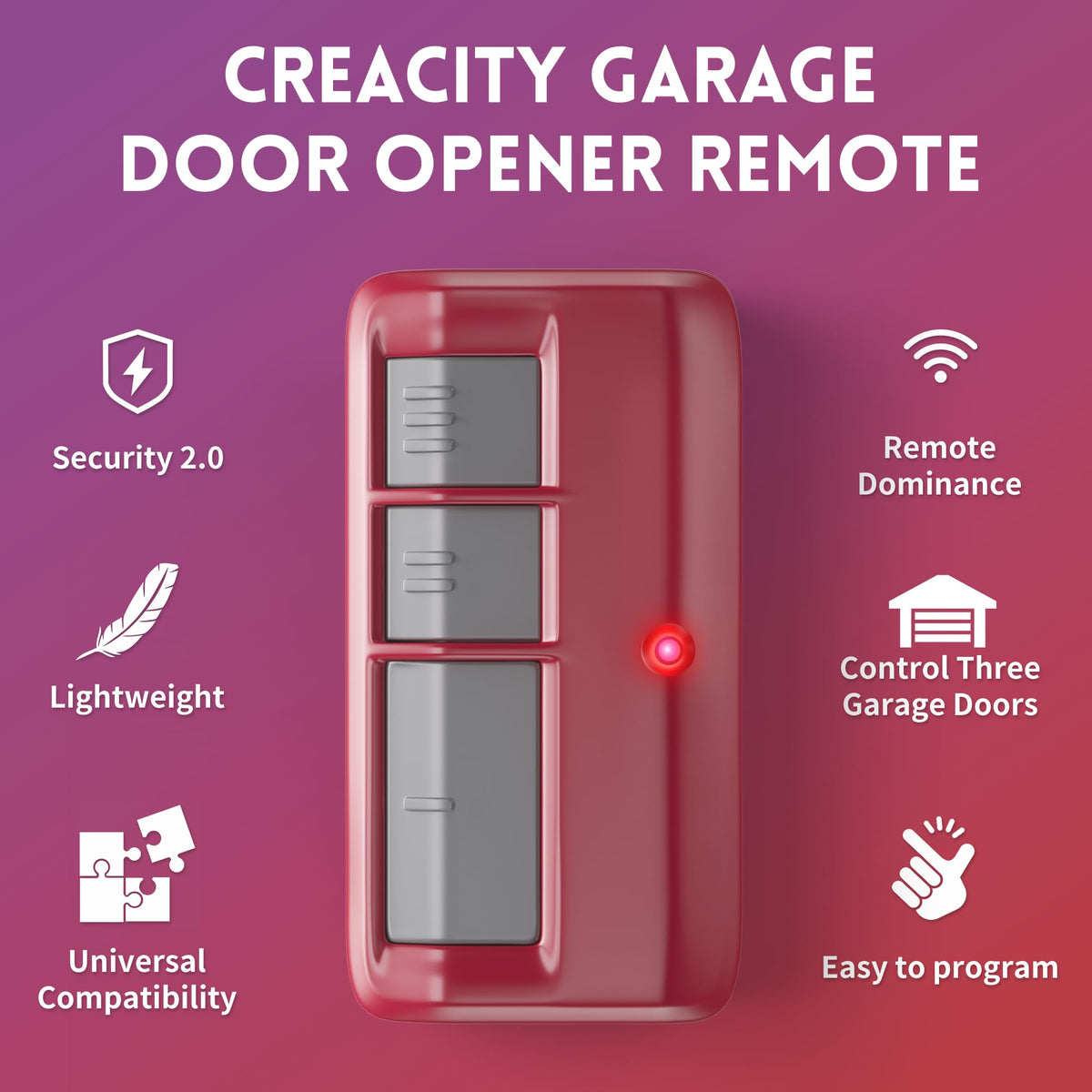 CreaCity three-button remote, universal compatibility for LiftMaster, Chamberlain, Craftsman.