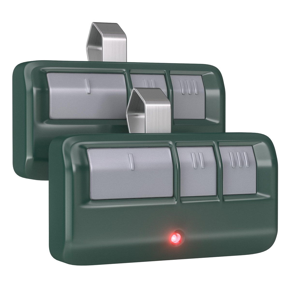 CreaCity universal garage remote front view with three buttons for multiple openers.