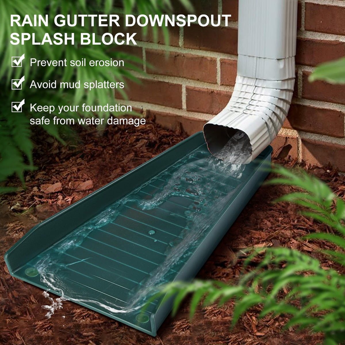 Creative.C rain gutter splash block directs water away from walls.