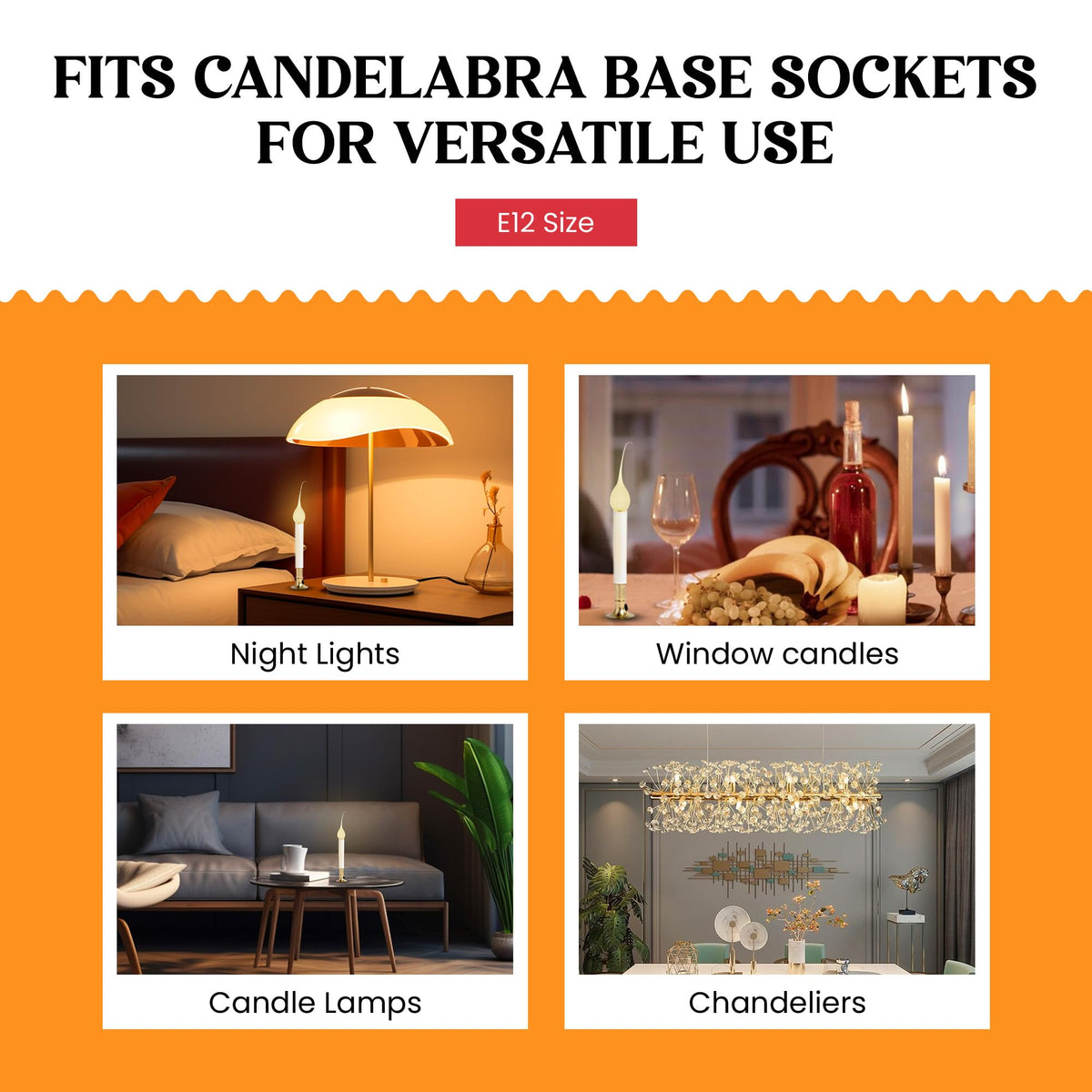 Creative Hobbies bulb with E12 base fits chandeliers and night lights.