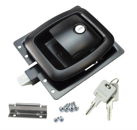 Creative Products Group Versa V baggage latch front view with black powder coat and keyed option