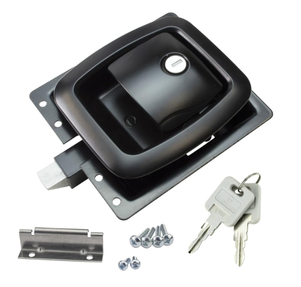 Creative Products Group Versa V baggage latch front view with black powder coat and keyed option