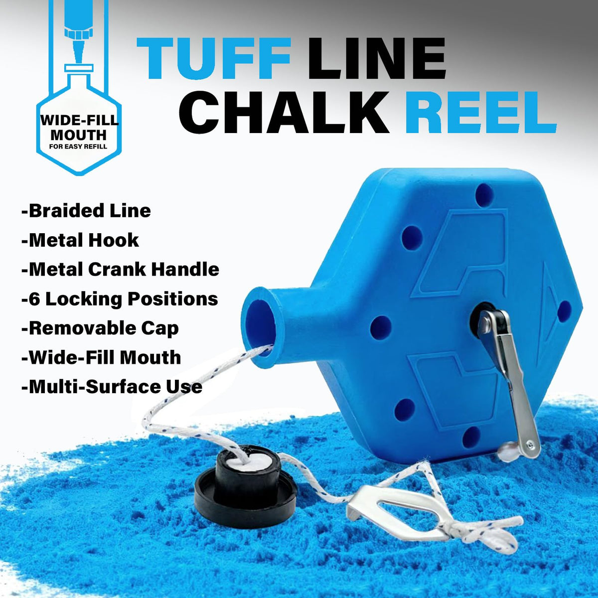 CREAWEA chalk line with large fill port enables quick chalk refills.