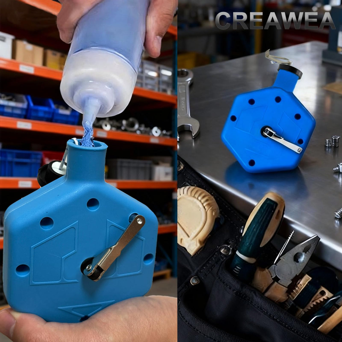 CREAWEA chalk line works on wood, drywall, and concrete surfaces.