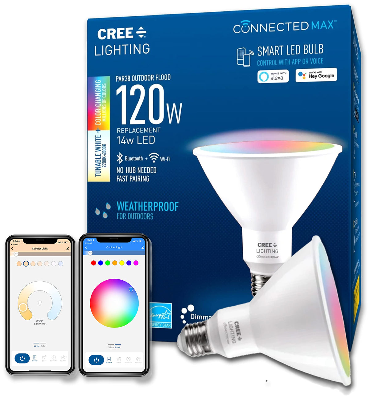 Cree Lighting Connected Max Par38 outdoor flood bulb showing tunable white ambient for daytime mood