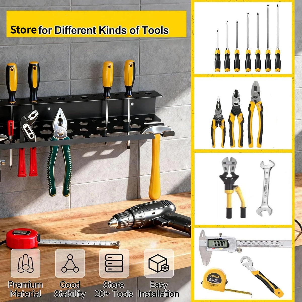 CRELYSTER two-layer tool storage rack holding pliers and wrenches for quick reach.