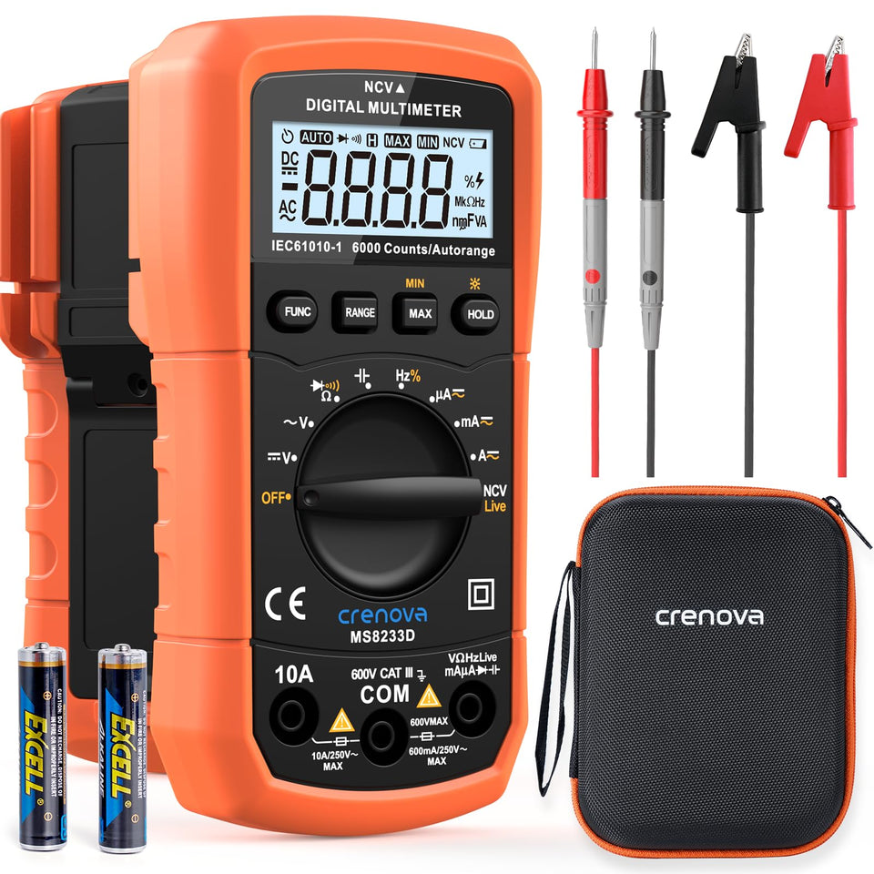 Crenova MS8233D multimeter display shows clear readings for quick diagnostics.