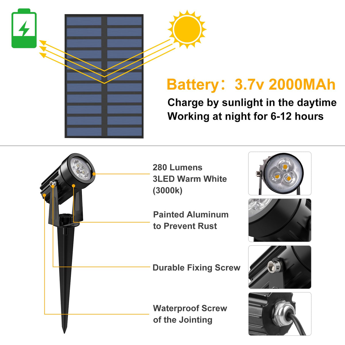 CREPOW IP65 waterproof aluminum finish protects against rain and snow.