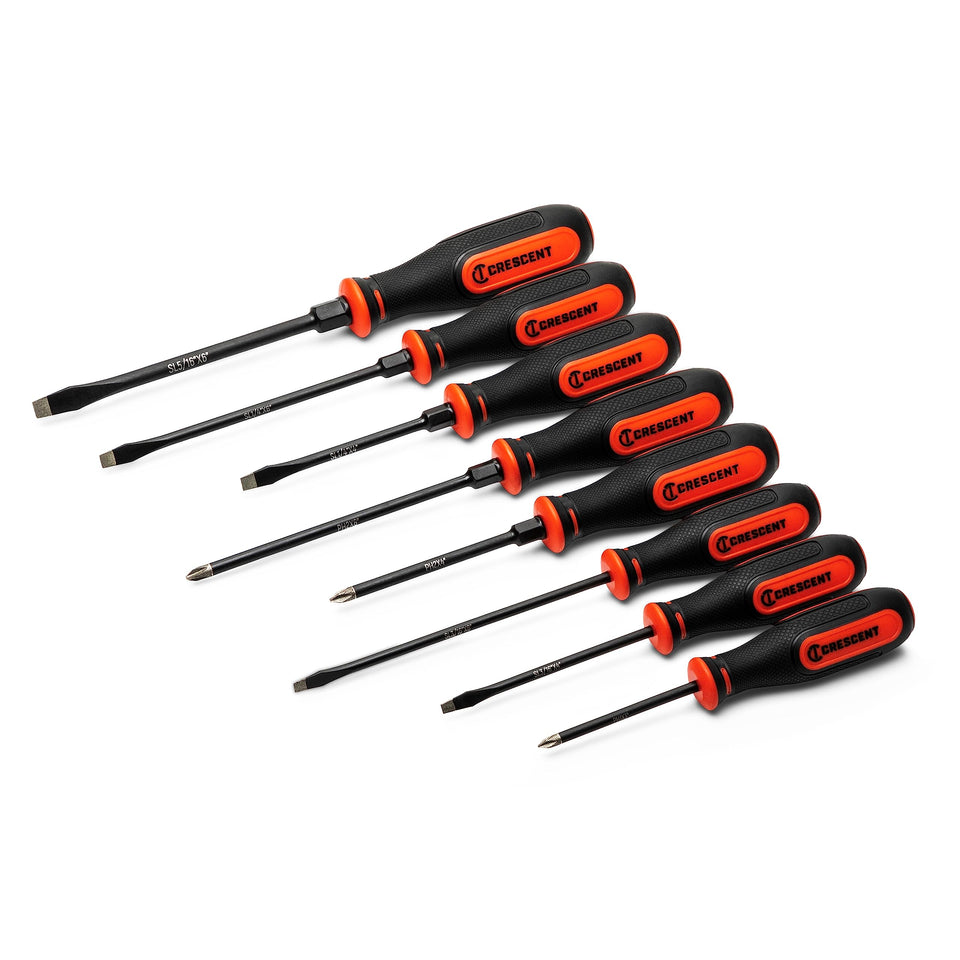 Crescent 8pc diamond-tip dual-material screwdriver set with ergonomic handle for comfort.
