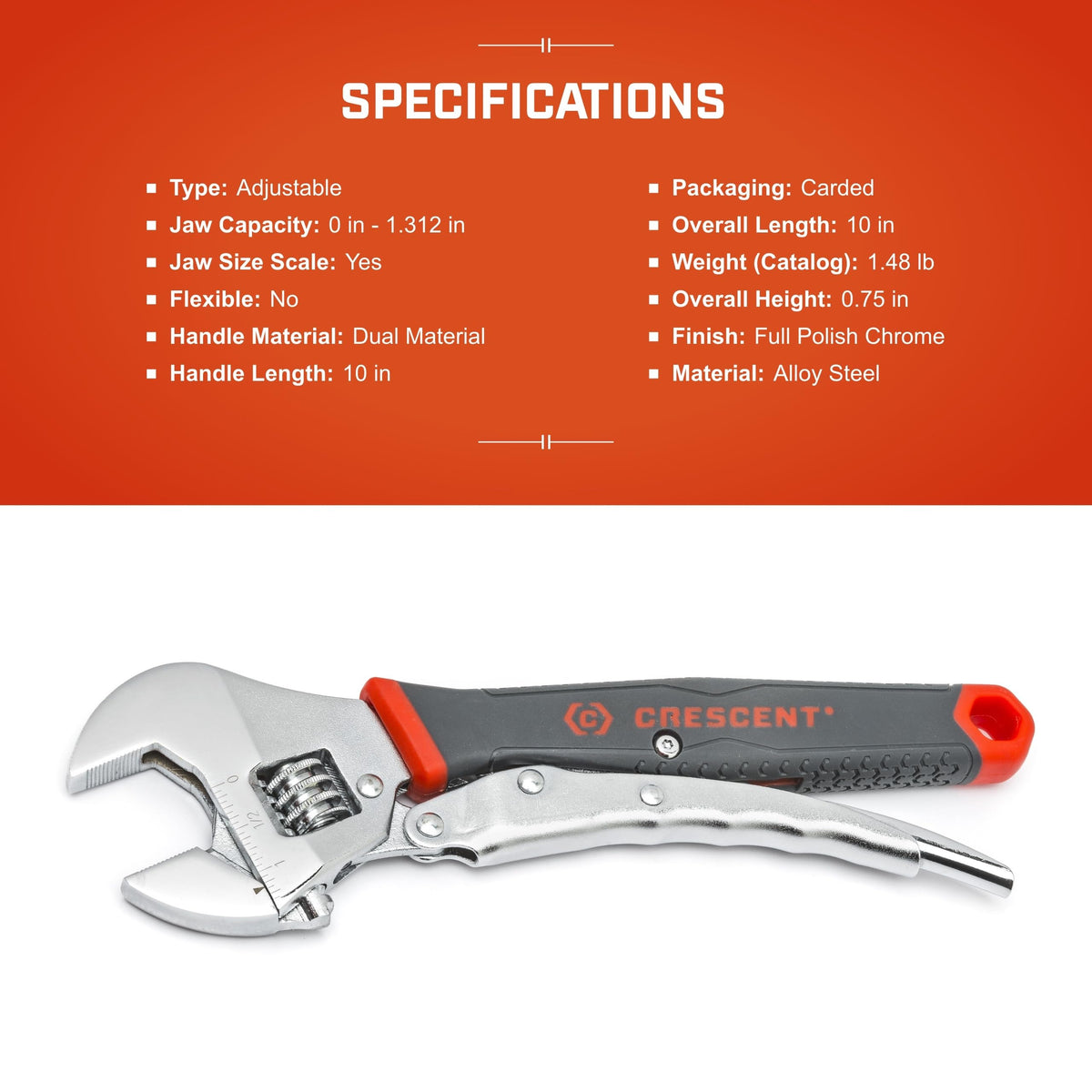 Crescent ACL10VS chrome-plated finish resists rust and maintains shine.
