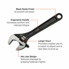 Crescent wrench with laser-etched scale shows SAE and metric sizes for quick sizing