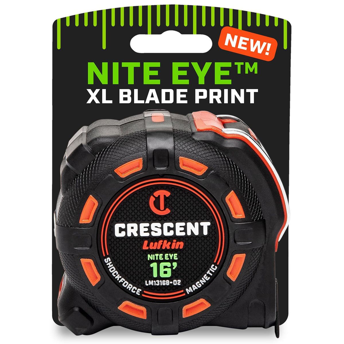 Crescent Lufkin 16 ft SHOCKFORCE tape measure with STABLEWING blade for precise marking.