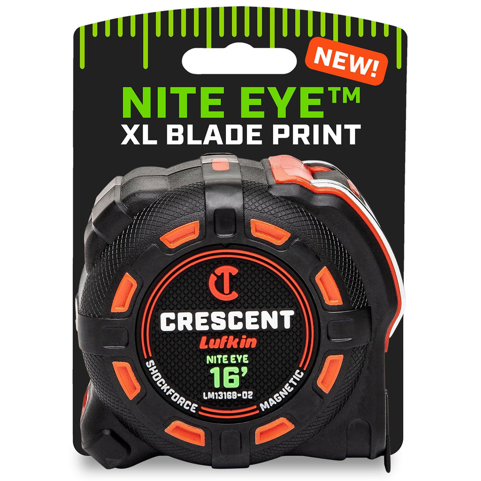 Crescent Lufkin 16 ft SHOCKFORCE tape measure with STABLEWING blade for precise marking.