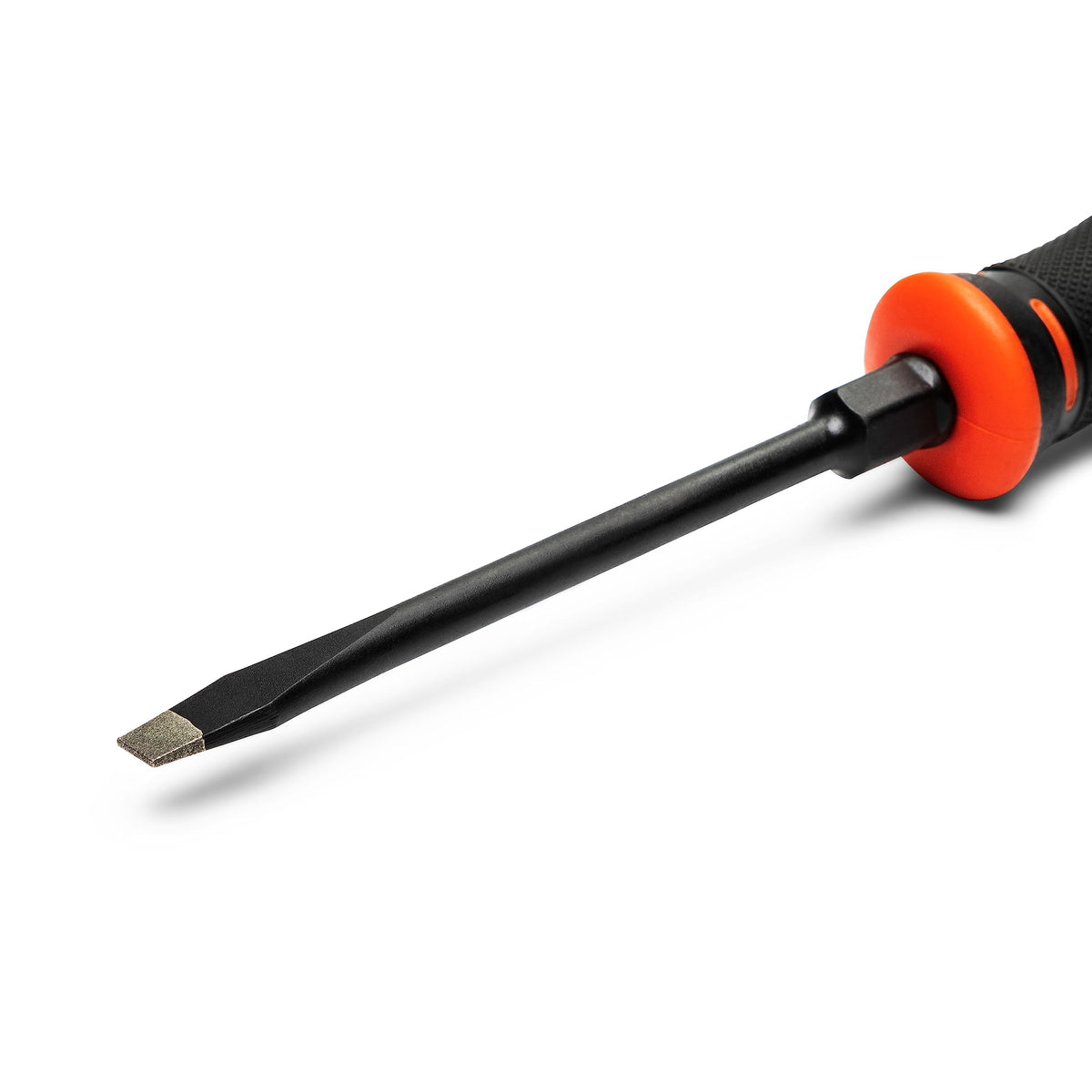 Crescent slotted diamond-tip screwdriver enables accurate turning with reduced cam-out.
