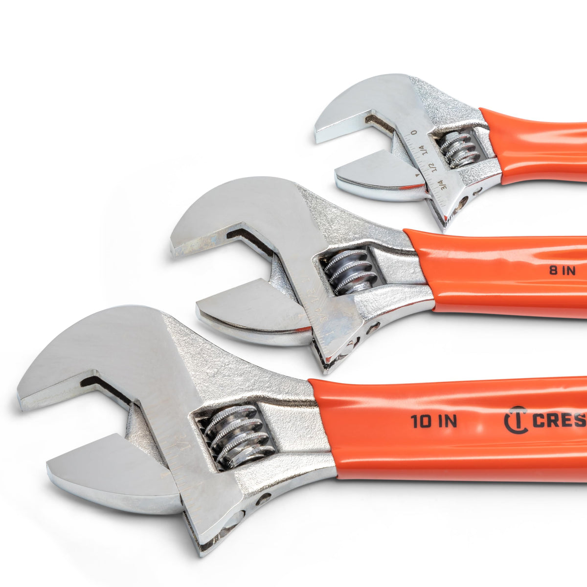 Crescent wrench with laser etched scale for quick SAE or metric sizing.