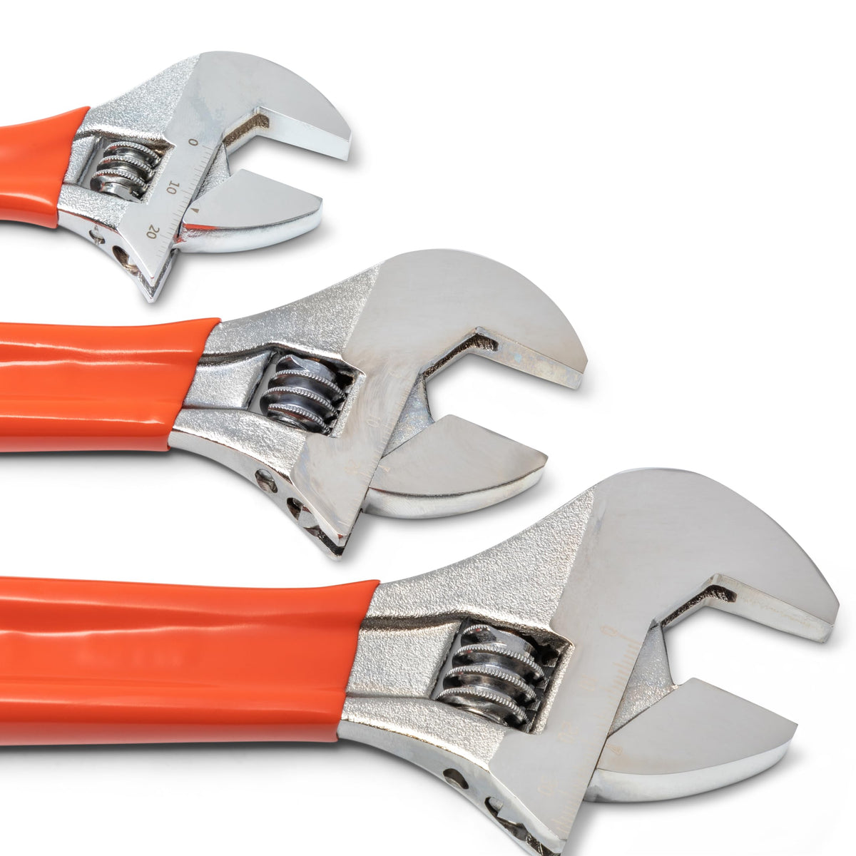 Crescent wider knurl enables easier adjustment on the wrench.