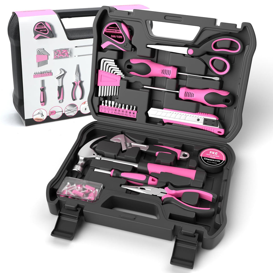 CRESOLVIA pink 69-piece tool kit overview showing full set in box.