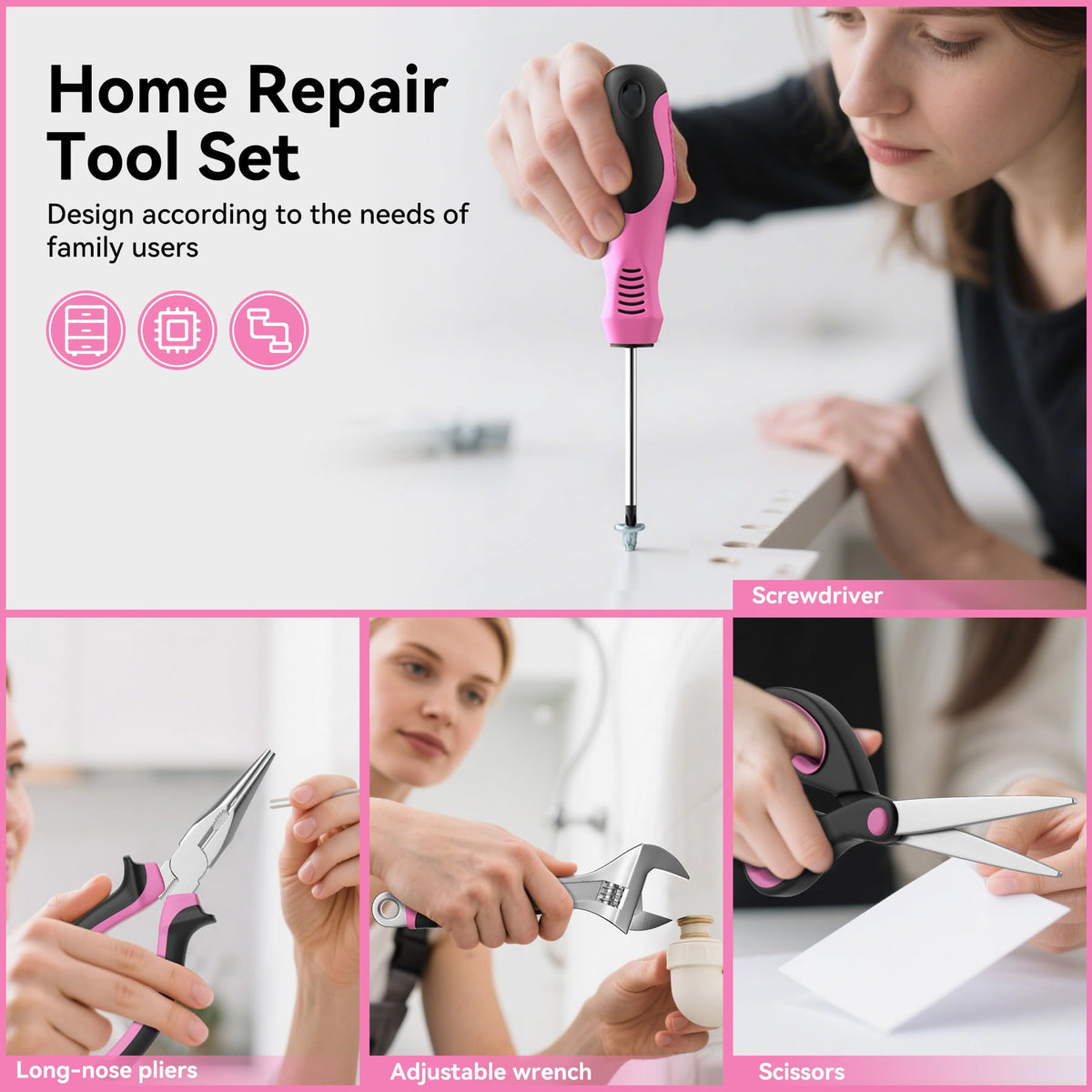 CRESOLVIA pink tool kit close-up of steel pliers and cutters for quick tasks.