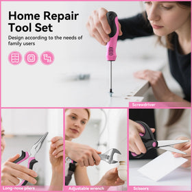 CRESOLVIA pink tool kit close-up of steel pliers and cutters for quick tasks.