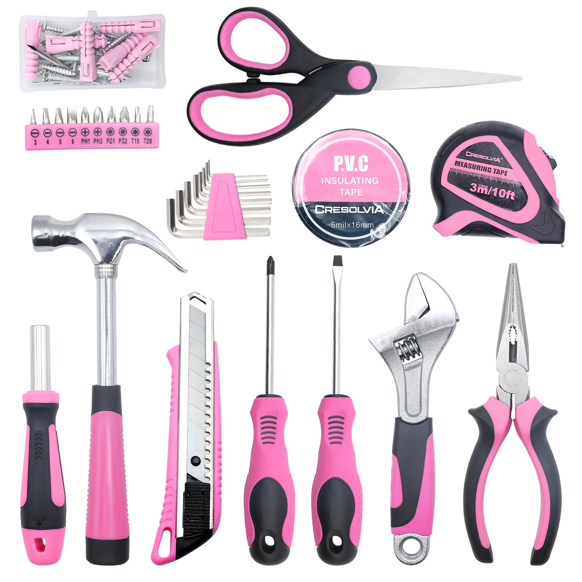 CRESOLVIA pink tool kit close-up on screwdrivers and wrenches for quick fixes.
