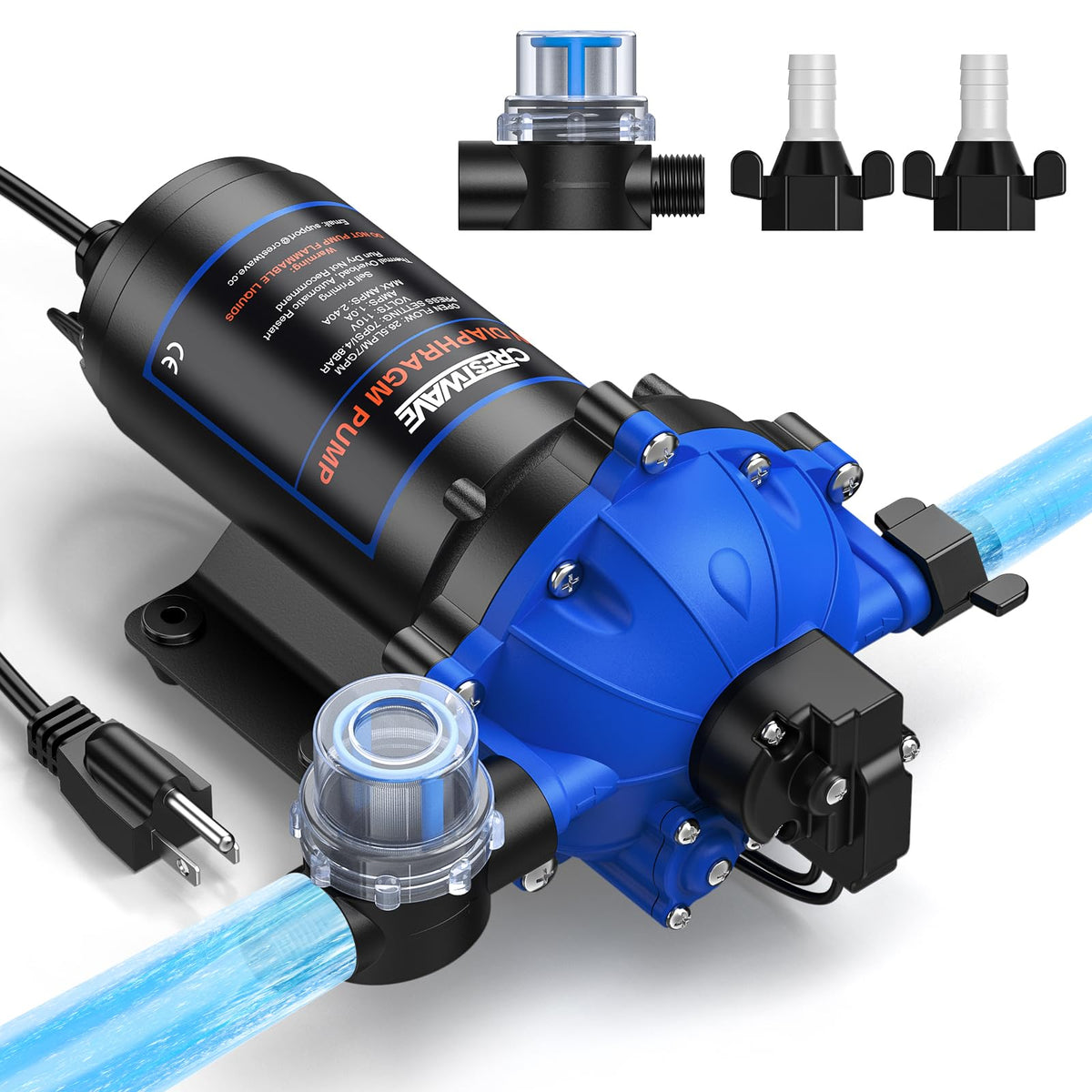 CRESTWAVE fresh water pump front view for compact RV and home applications.