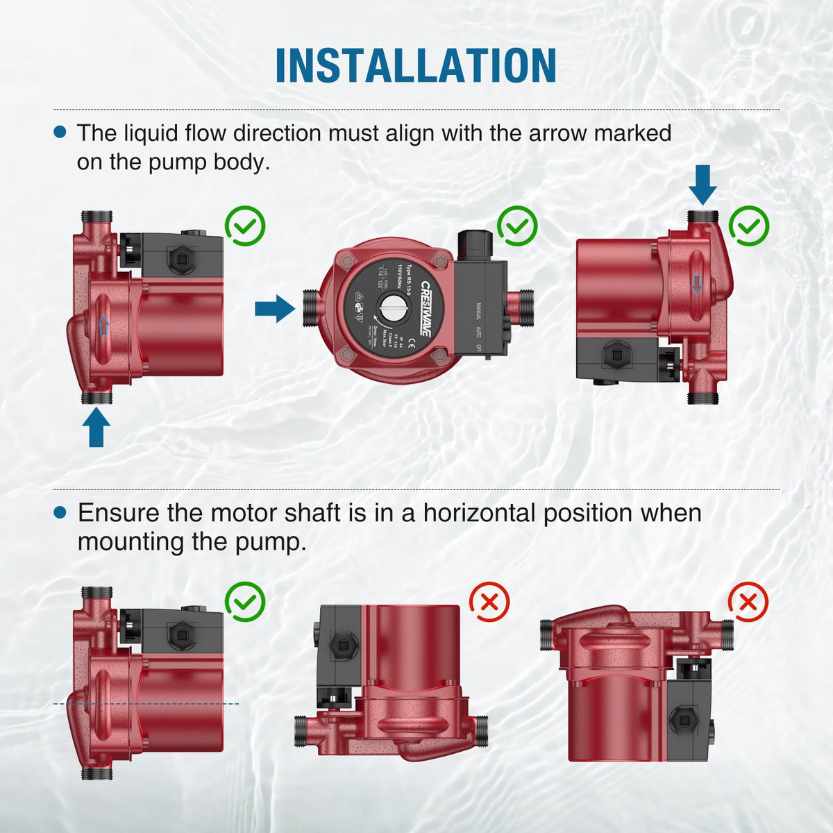 CRESTWAVE hot water pump dry-run warning to prevent startup damage.