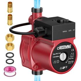 CRESTWAVE hot water pump front view, compact design for easy under-sink or basement installation.
