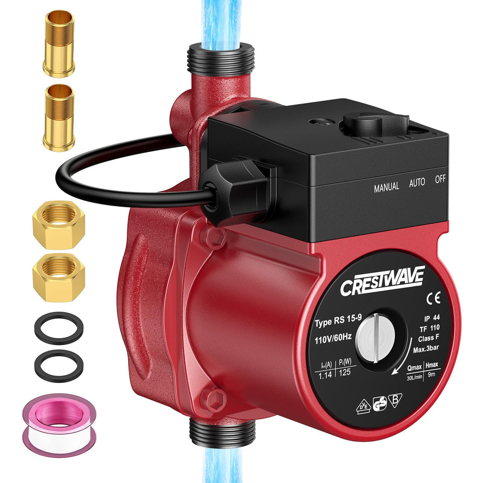 CRESTWAVE hot water pump front view, compact design for easy under-sink or basement installation.