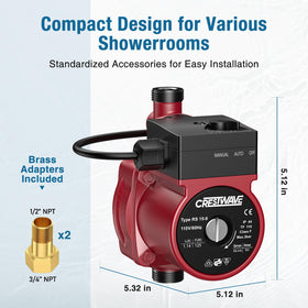 CRESTWAVE hot water pump maximum flow 30 LPM for multiple fixtures.