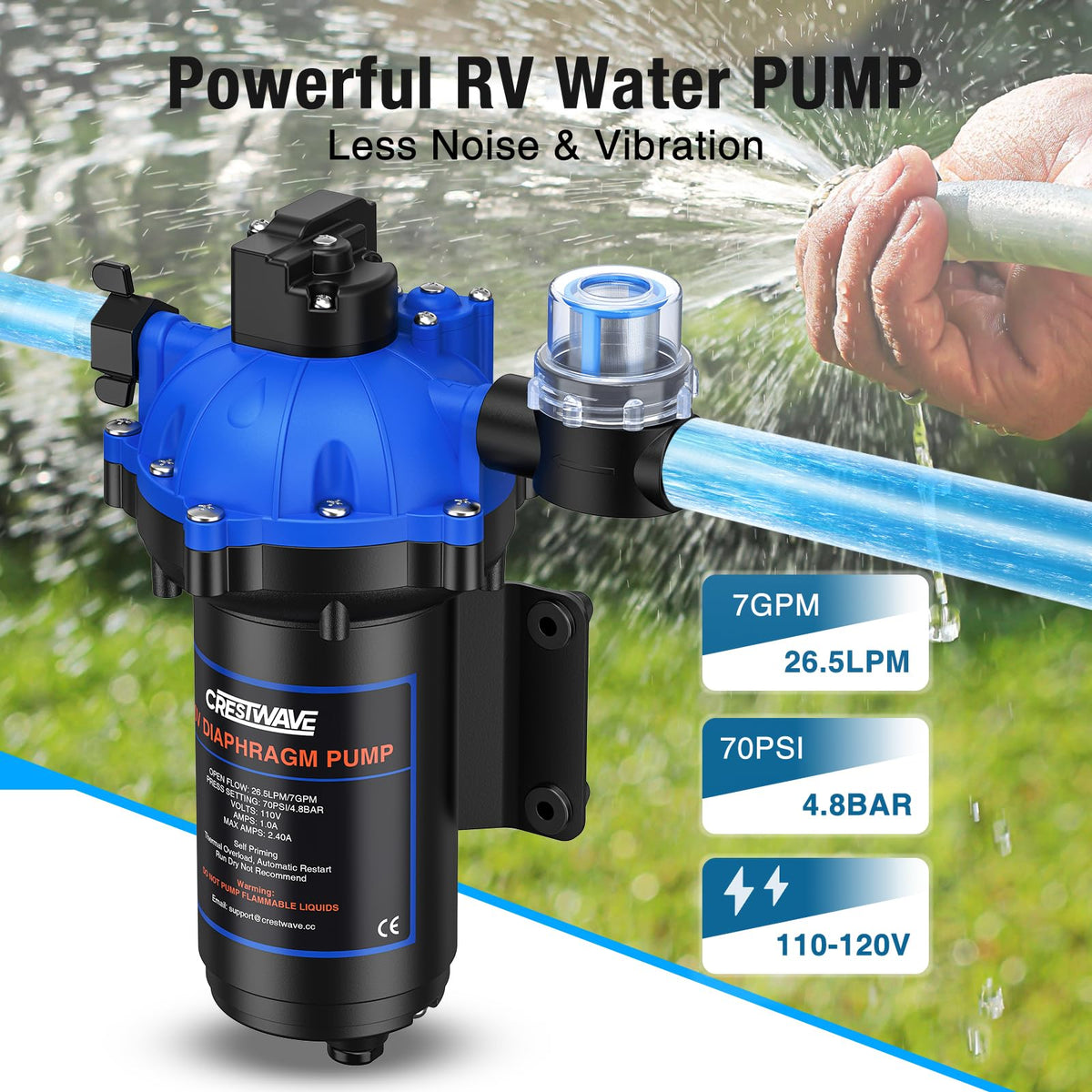 CRESTWAVE built-in pressure switch enables automatic operation with demand.