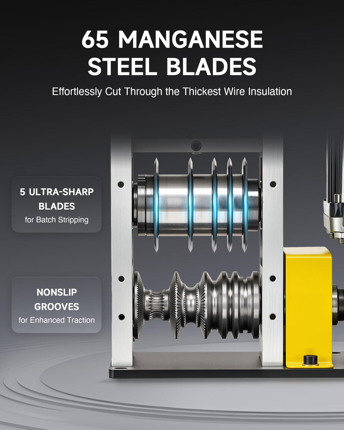 Two feed plates with five channels support multiple wire sizes efficiently