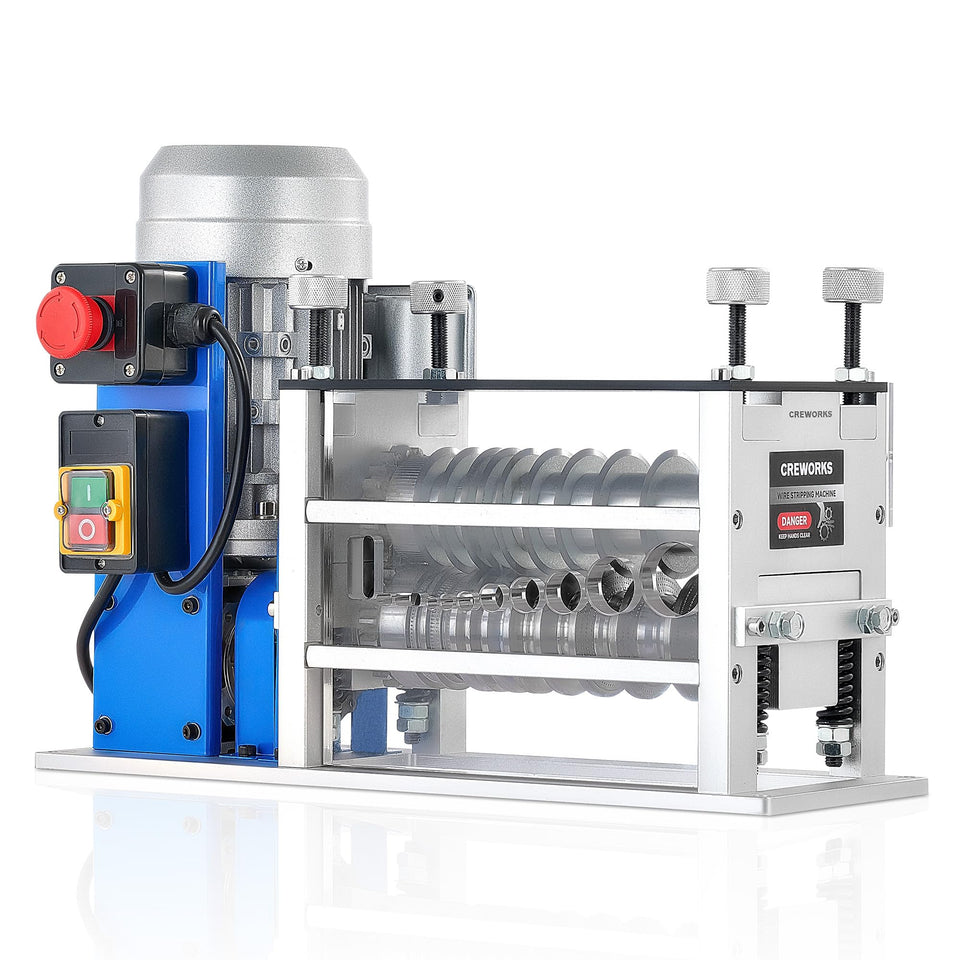 CREWORKS electric wire stripper with 11-channel setup stripping copper wire efficiently