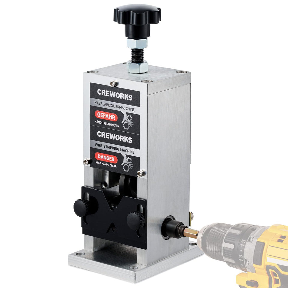 CREWORKS manual wire stripper machine front view for easy insulation removal on scrap wires.