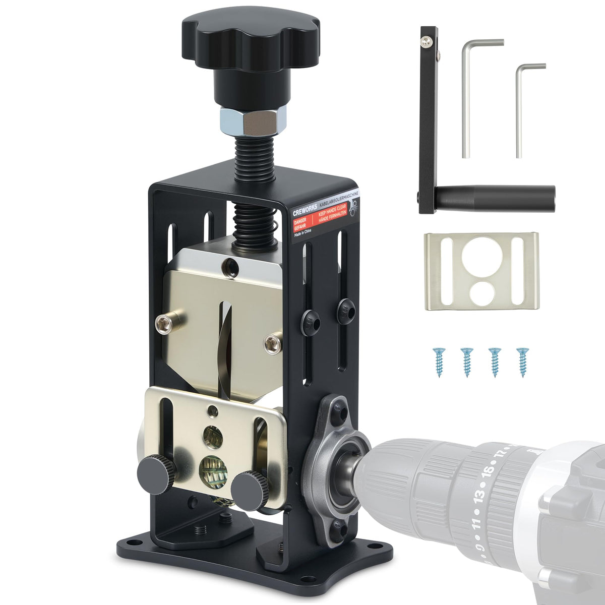 CREWORKS manual wire stripper with two feed plates for varied wire sizes