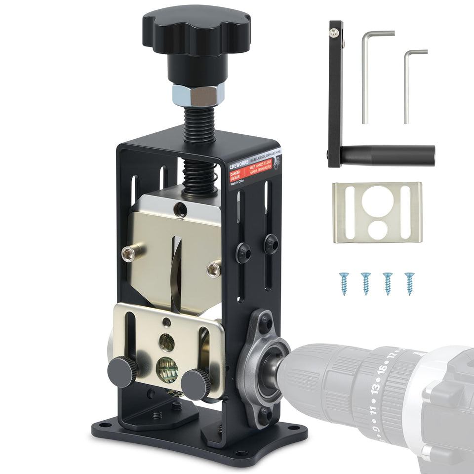 CREWORKS manual wire stripper with two feed plates for varied wire sizes