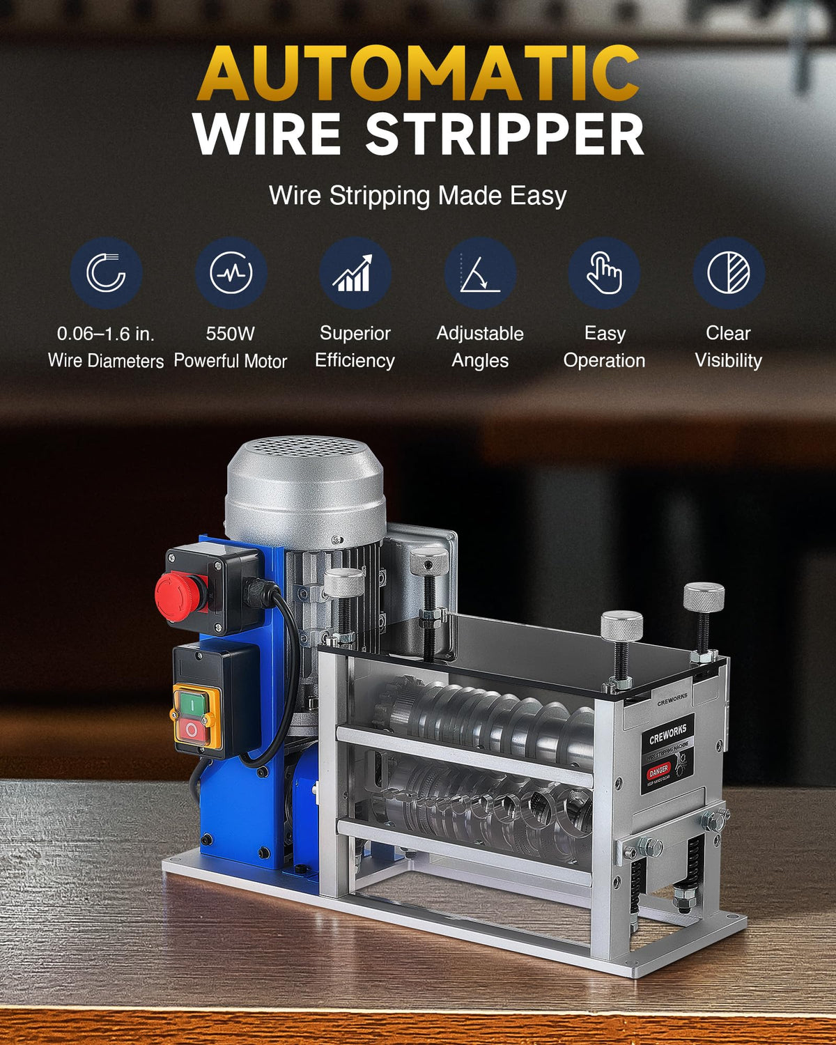 CREWORKS stripper showing 550W motor for powerful insulation removal