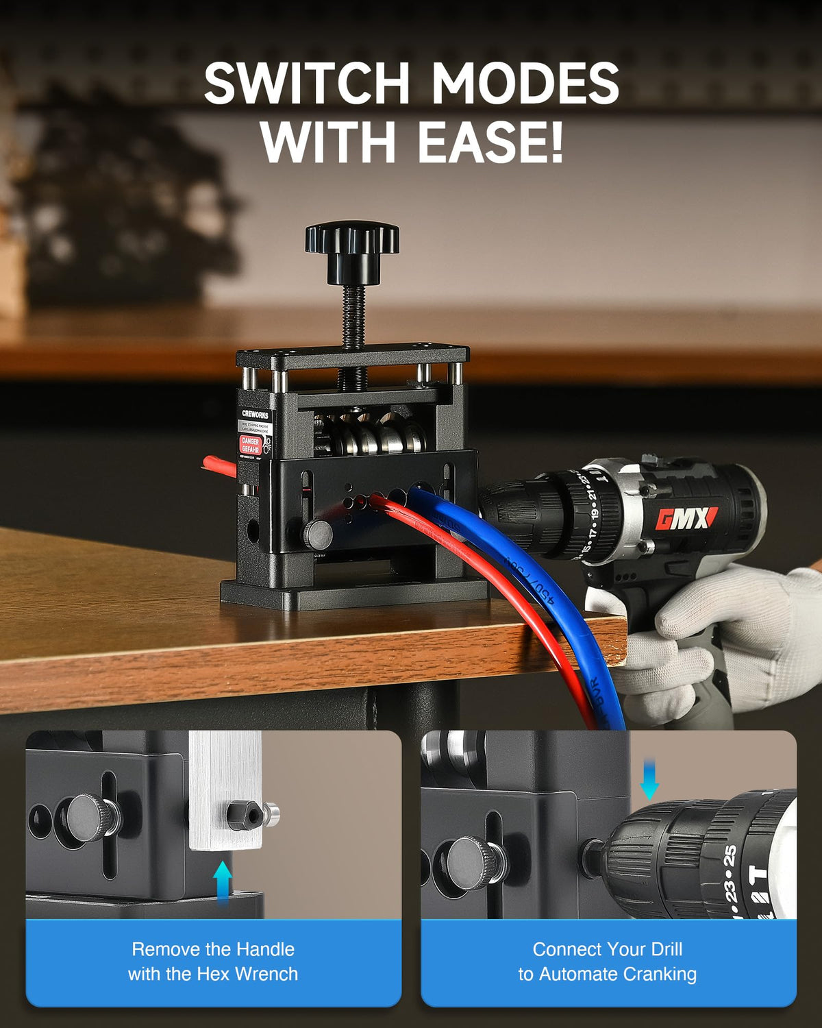 Adjustable blade height on CREWORKS stripper for precise removal.