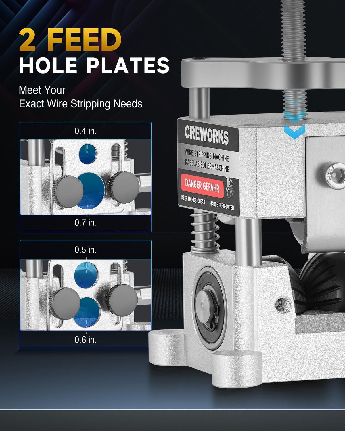CREWORKS Wire Stripper Machine adjustment knob for blade height control.