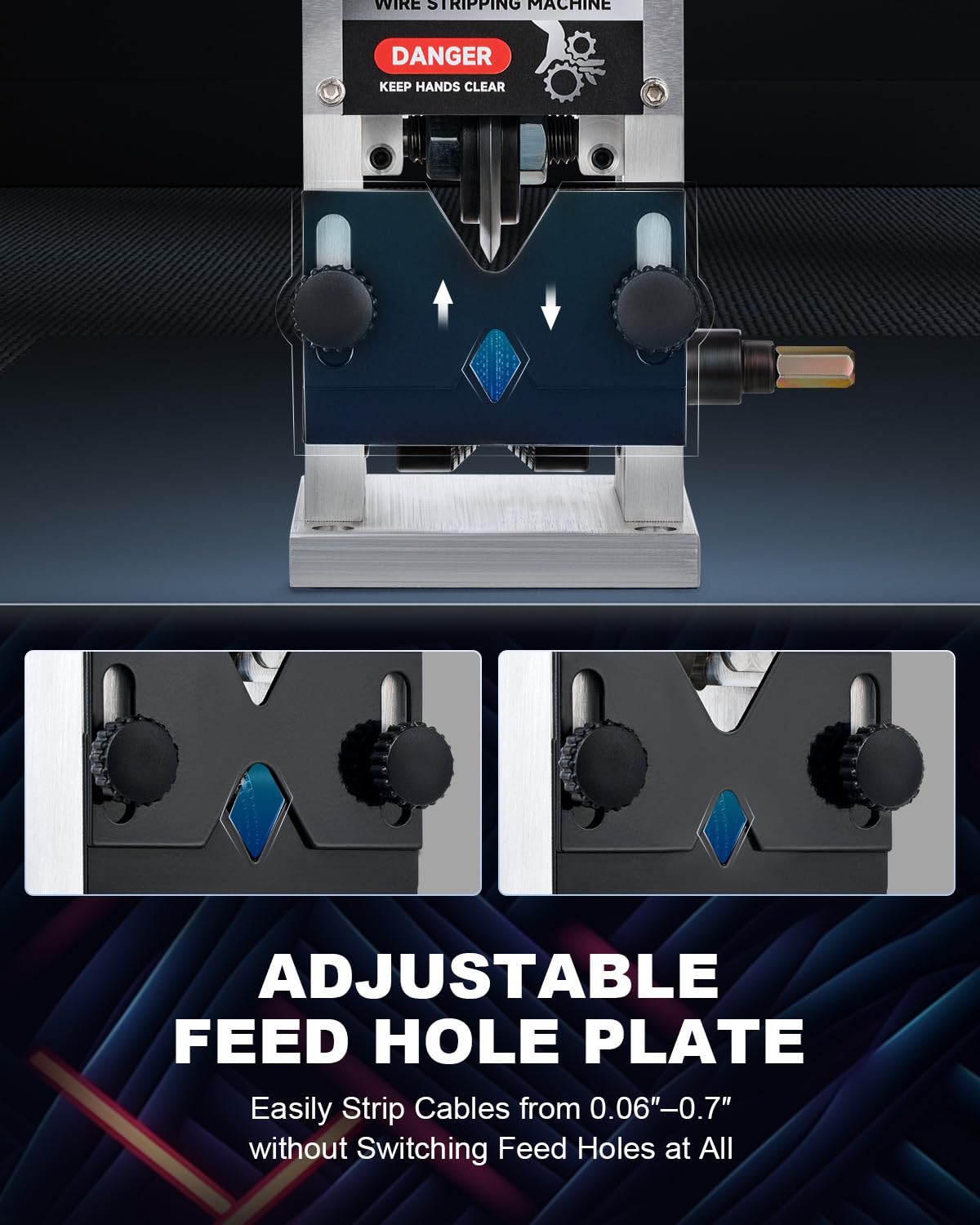 CREWORKS stripper with three feed holes handles multiple wire sizes.
