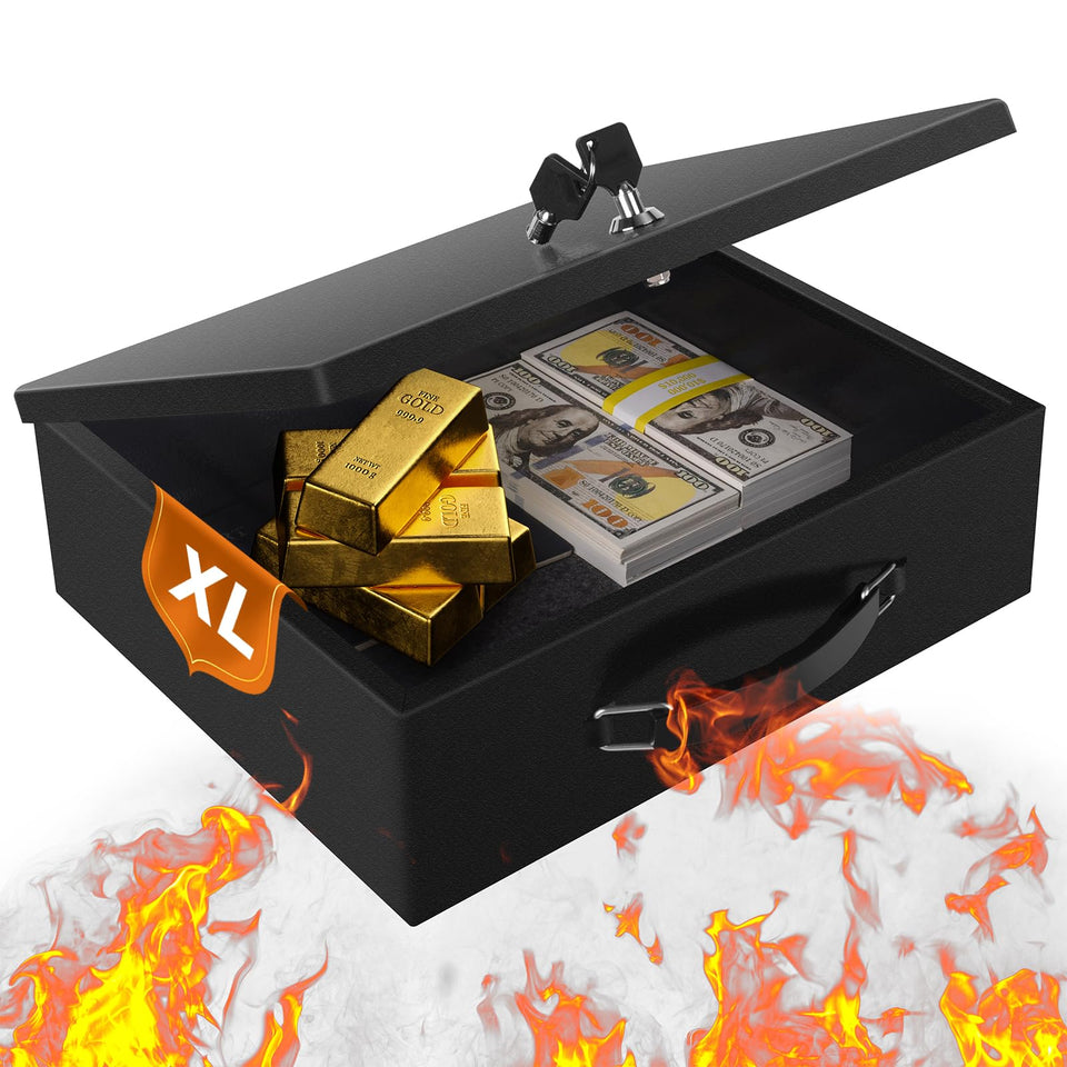 Crinwaki fireproof document box front view protects papers from heat exposure.