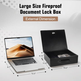 Crinwaki fireproof document box opened to reveal organized documents, passports, and cash.