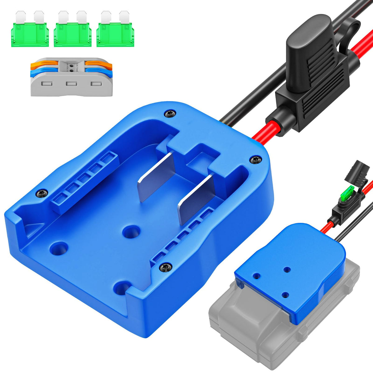 Crivnhar Power Wheels adapter close-up demonstrates fuse protection for safe upgrades.
