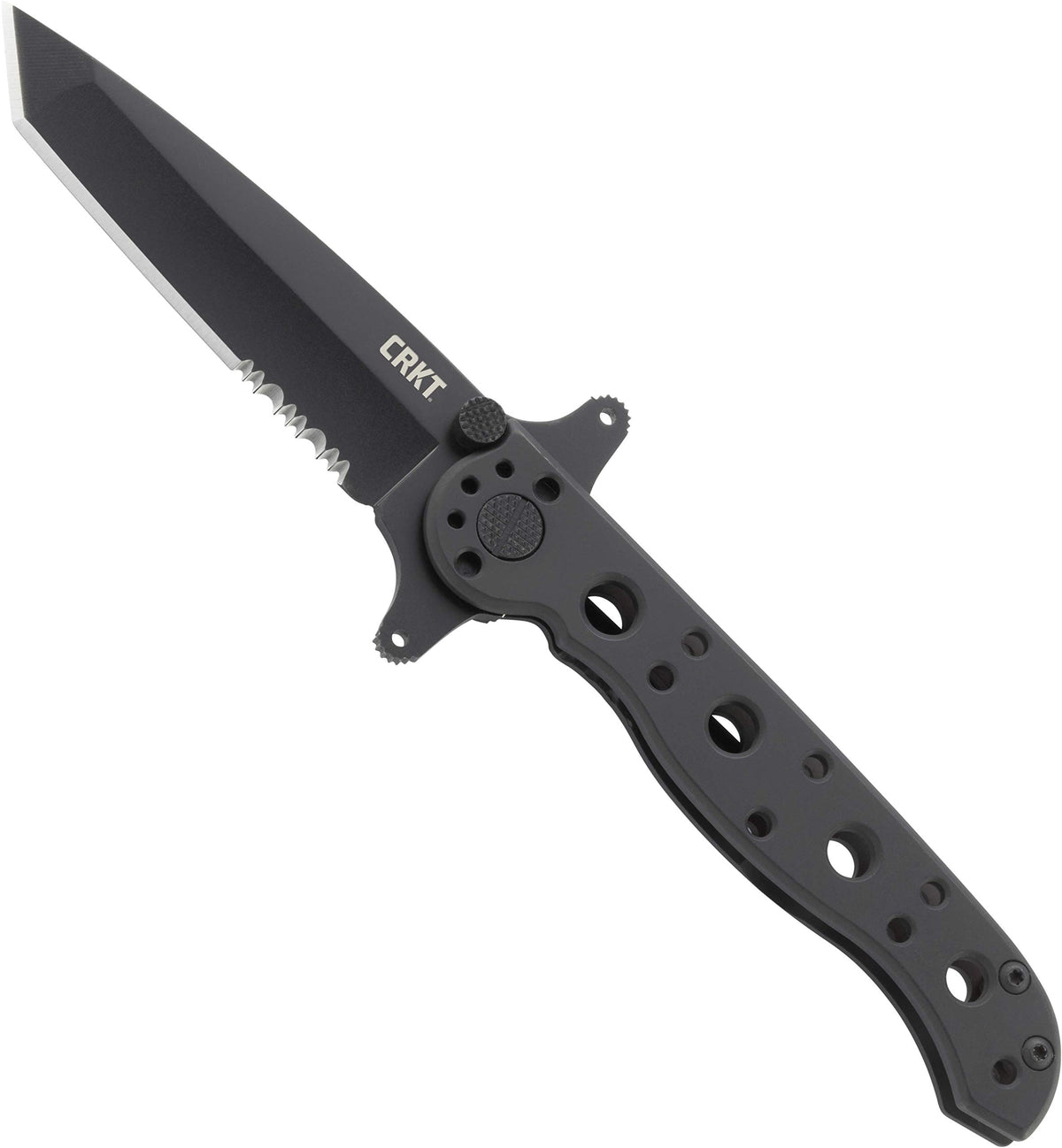 CRKT M16-10KSF blade close-up highlighting triple-point serrations for tough materials