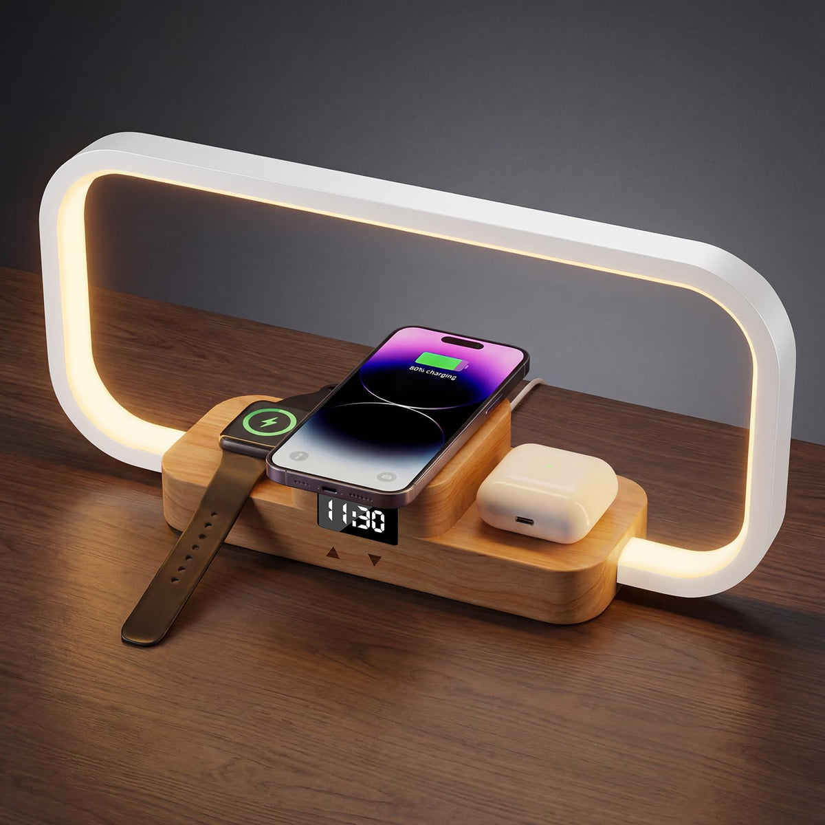 CRLL LED bedside lamp with wireless charger on nightstand for clutter-free charging