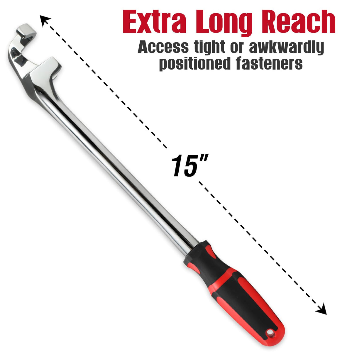 CROM 15-Inch Extender in use showing extended reach for stubborn fasteners.